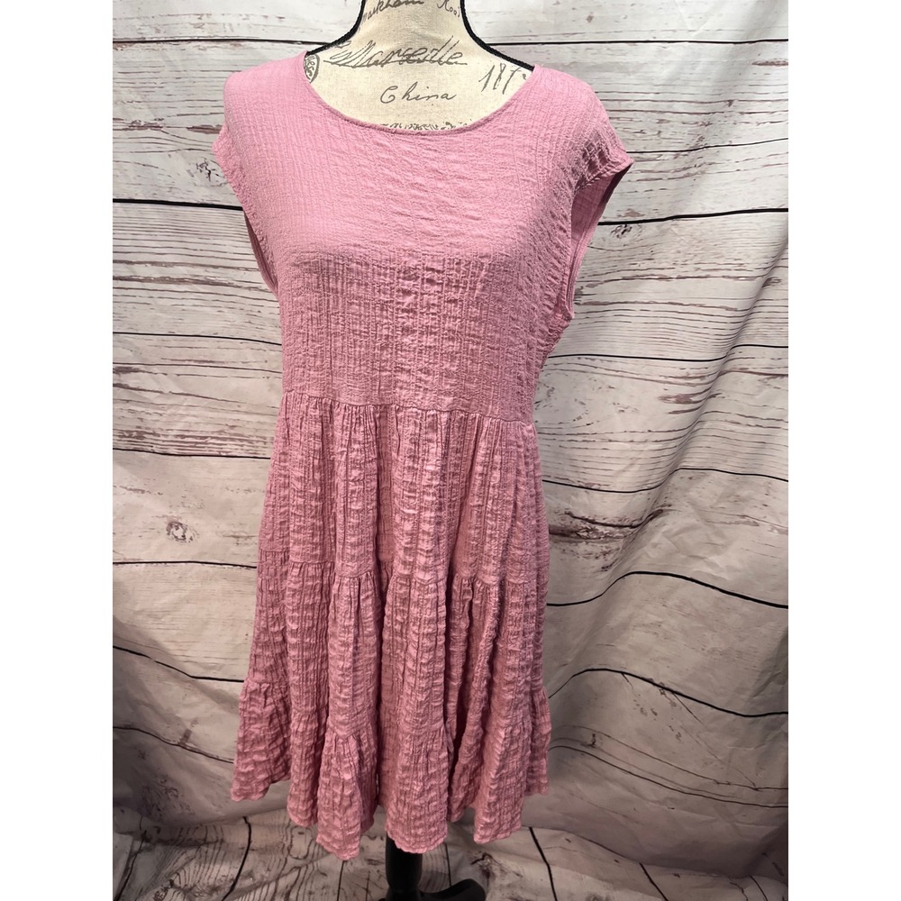 Knox Rose Pink Crinkle Gauze Tiered Mini Dress Sleeveless Crew Neck Medium